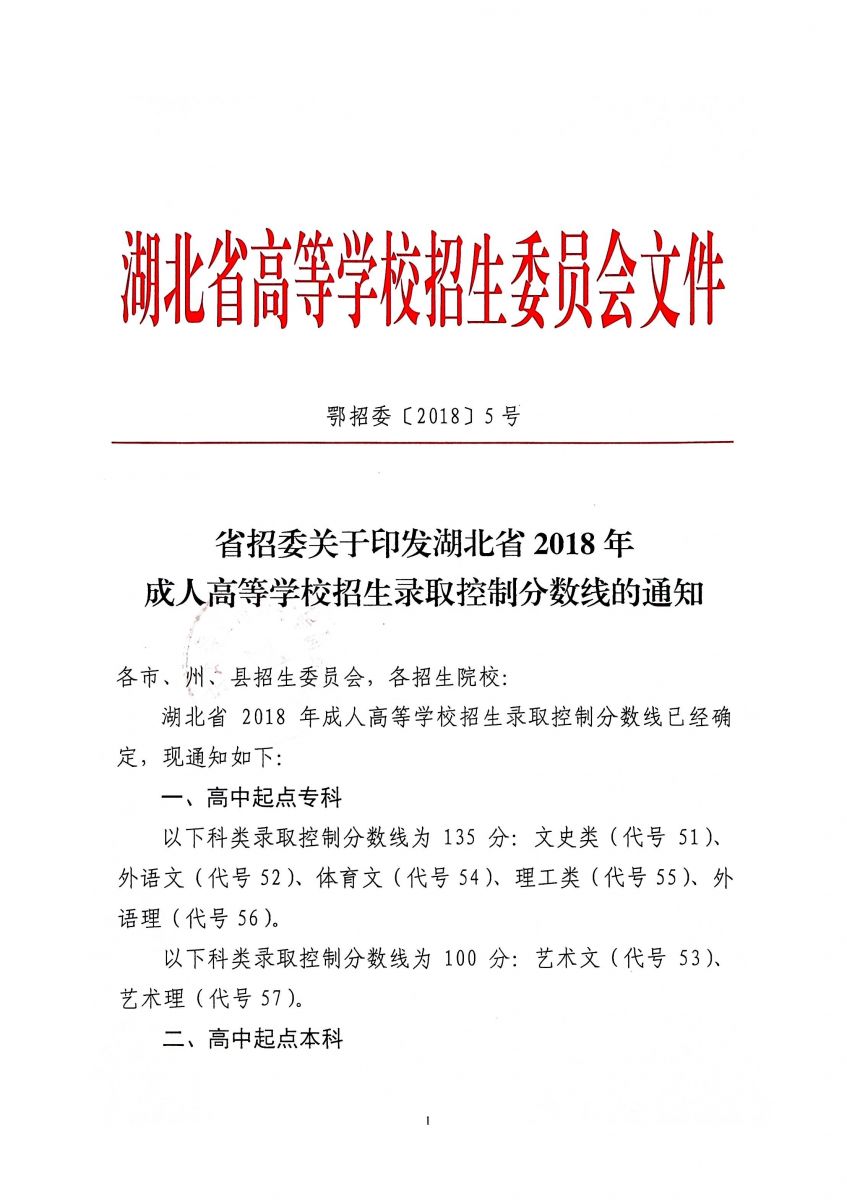 省招委關(guān)于印發(fā)湖北省2018年 成人高等學(xué)校招生錄取控制分?jǐn)?shù)線的通知